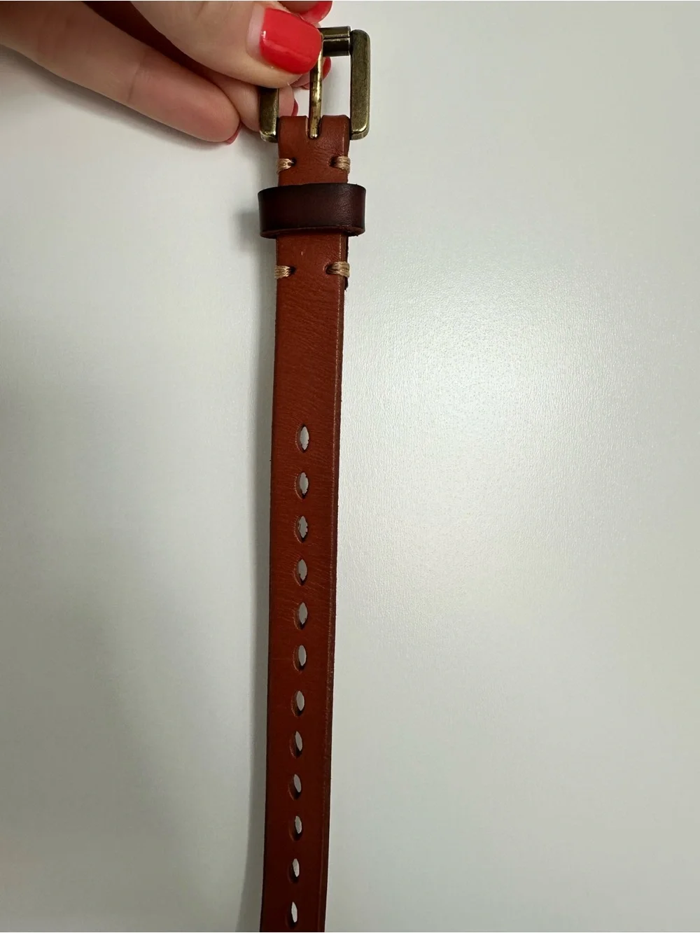 Brown thin leather belt with cutouts, small - Picture 2 of 5